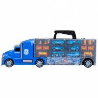 Набор машинок серии "Полицейский участок" (Автовоз - кейс 54 см, синий, с тоннелем. 4 машинки, 1 автобус, 1 вертолет и 10 дорожных знаков)