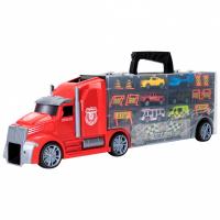 Набор машинок серии "Мой город" (Автовоз - кейс 54 см, красный, с тоннелем. 4 машинки, 1 автобус, 1 вертолет и 10 дорожных знаков)